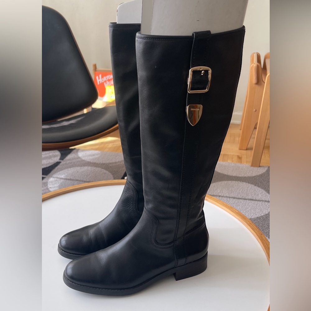 Coach Easton Black Leather Knee-High Riding Boots with Gold Accent - Picture 2 of 5